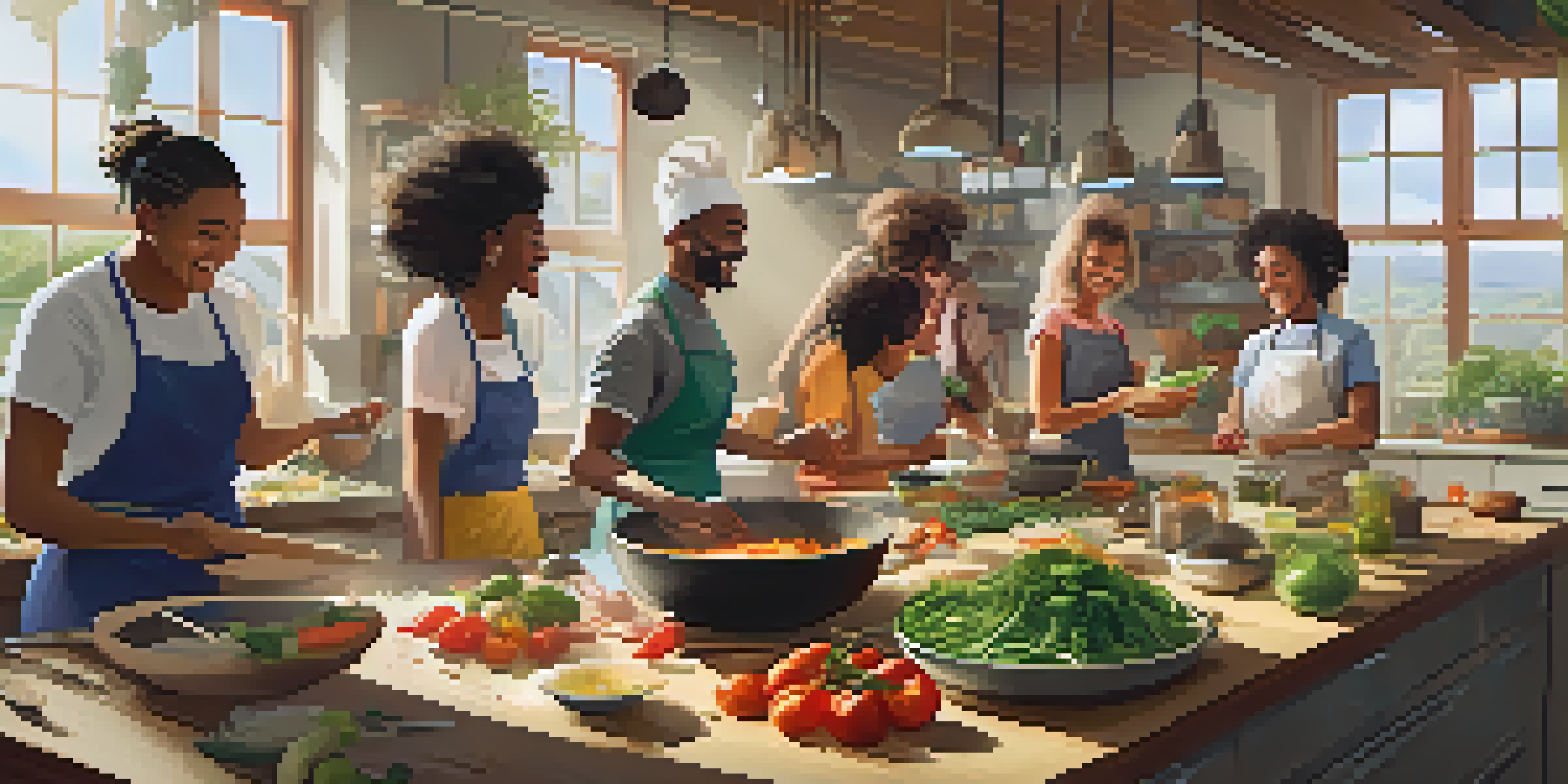 A diverse group of people in a bright kitchen, engaging in a cooking workshop, smiling and working with fresh ingredients.
