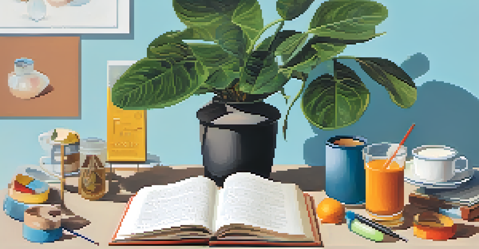 An illustration of a student at a desk practicing the 5-4-3-2-1 grounding technique, surrounded by sensory items representing sight, touch, sound, smell, and taste.