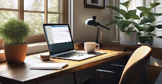 A cozy home office with a desk, laptop, potted plant, and a cup of tea, bathed in soft morning light.