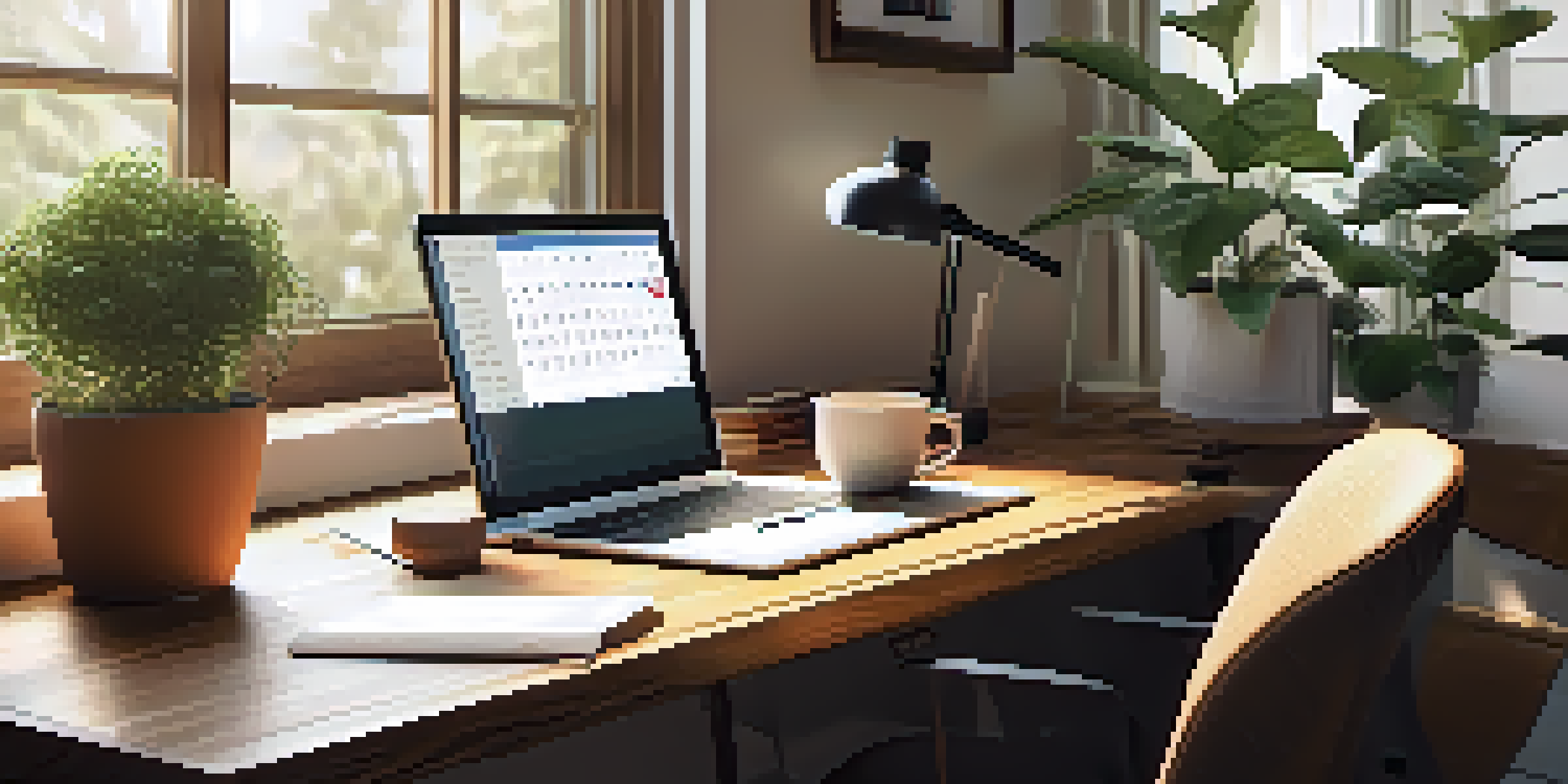 A cozy home office with a desk, laptop, potted plant, and a cup of tea, bathed in soft morning light.
