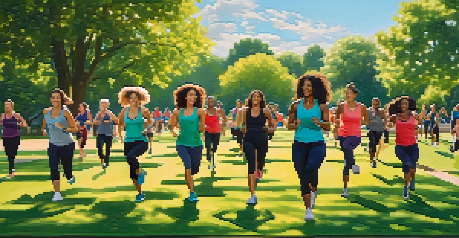 A group of women participating in an outdoor fitness class in a sunny park, smiling and encouraging each other.