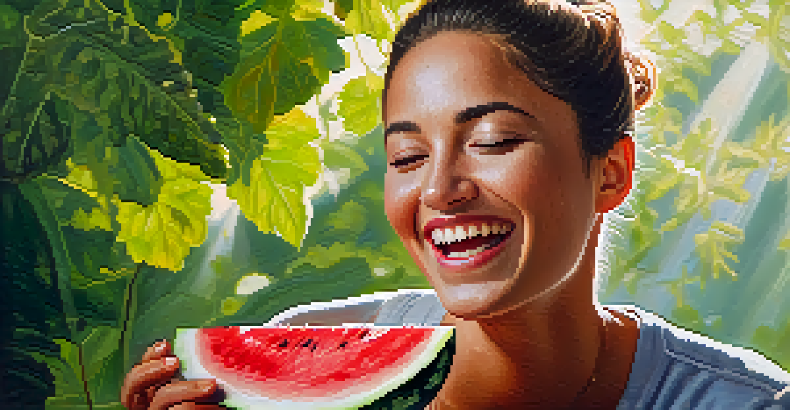 A close-up of a person enjoying a slice of watermelon, with sunlight and leaves in the background, showcasing the joy of mindful eating.