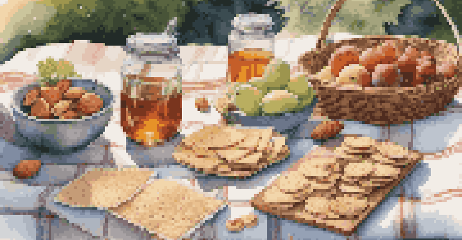 A picnic setup with healthy snacks and a water bottle under a tree, bathed in golden sunlight.