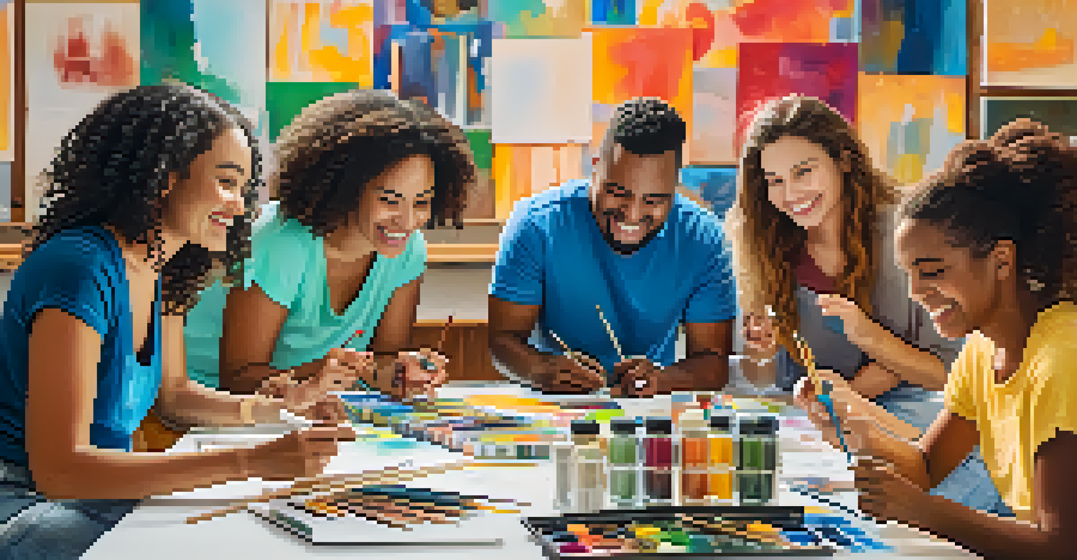 A diverse group of people participating in a creative workshop, painting on canvas and sharing ideas in a colorful environment.