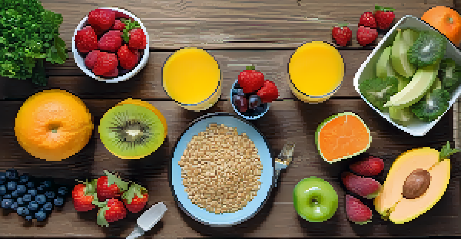 An overhead view of a healthy meal with fruits, vegetables, and grains on a wooden table, promoting mental and oral health.