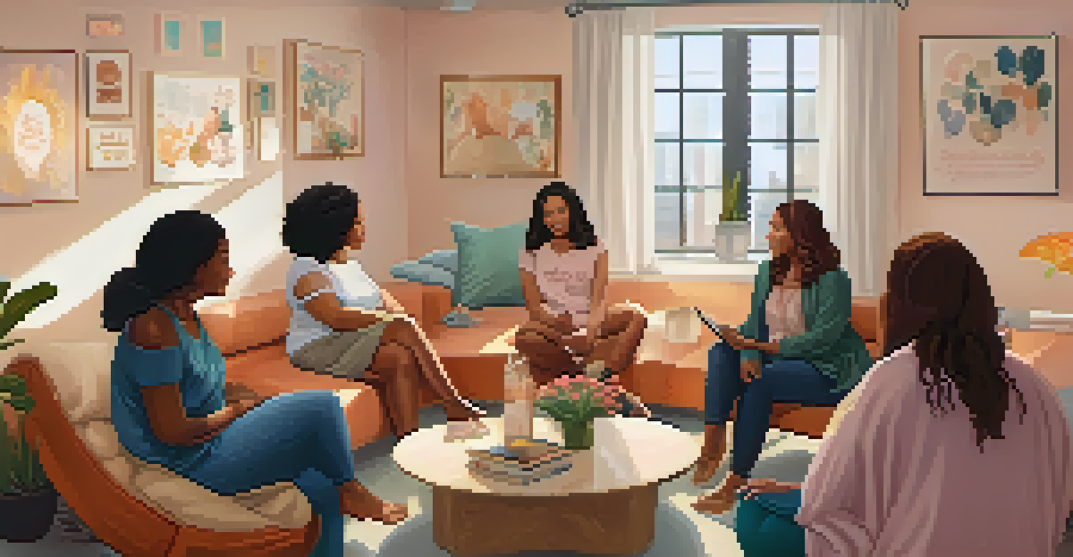 A group of diverse women sitting in a circle in a cozy room, discussing their experiences in a supportive environment.