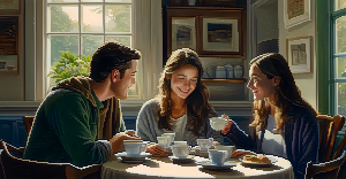 A group of friends sitting around a table, talking and enjoying tea in a warm, cozy indoor setting.