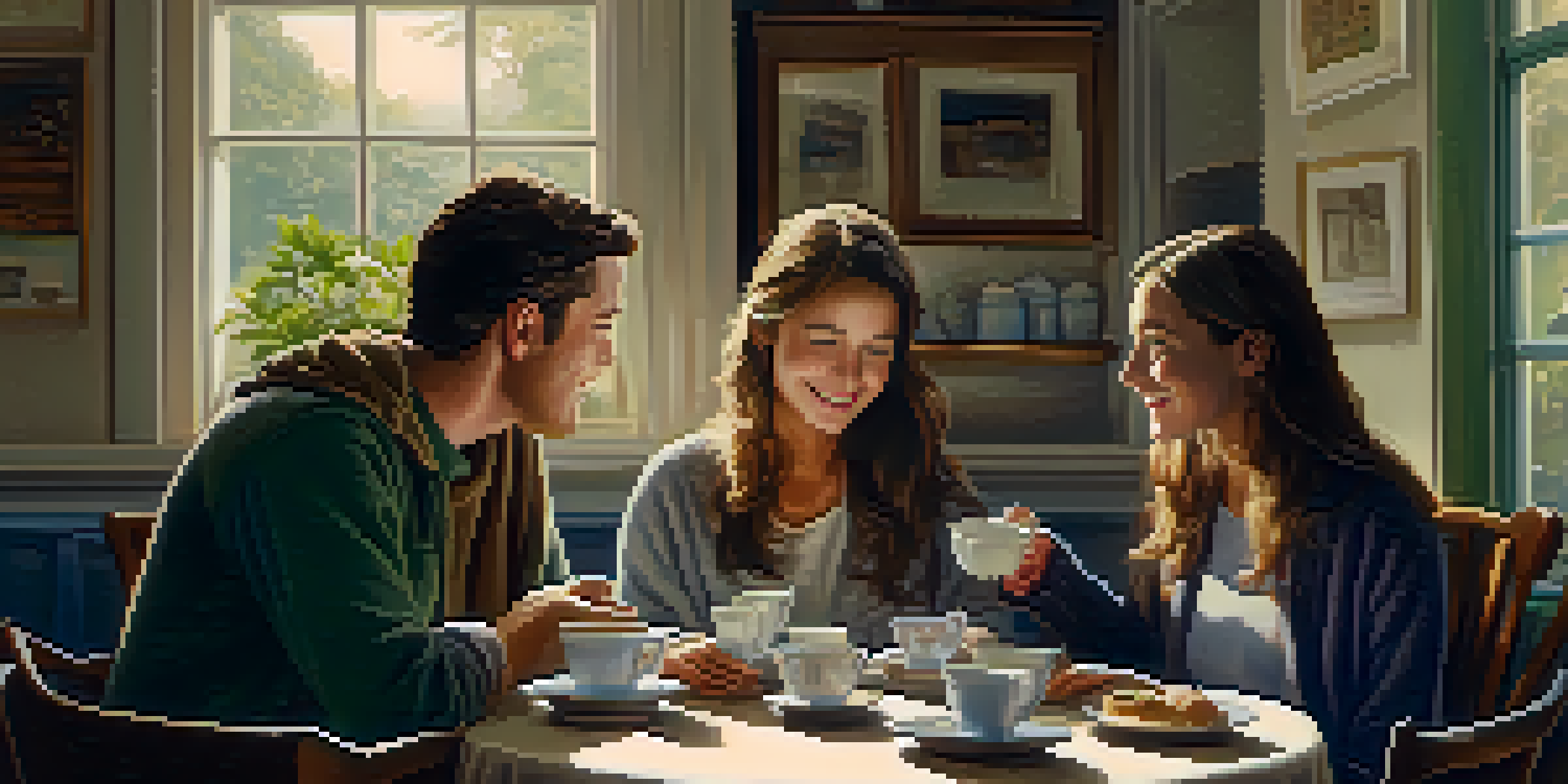 A group of friends sitting around a table, talking and enjoying tea in a warm, cozy indoor setting.