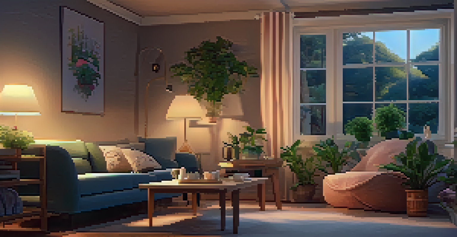 A comfortable living room where an individual enjoys tea while browsing a tablet, surrounded by plants and warm decor.