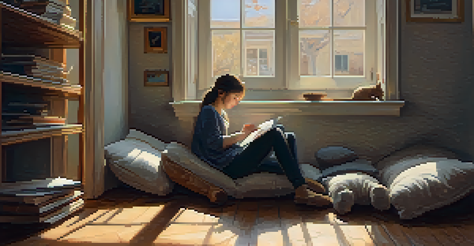 A person sits on the floor with a cat in their lap, surrounded by a cozy room filled with cushions and books.