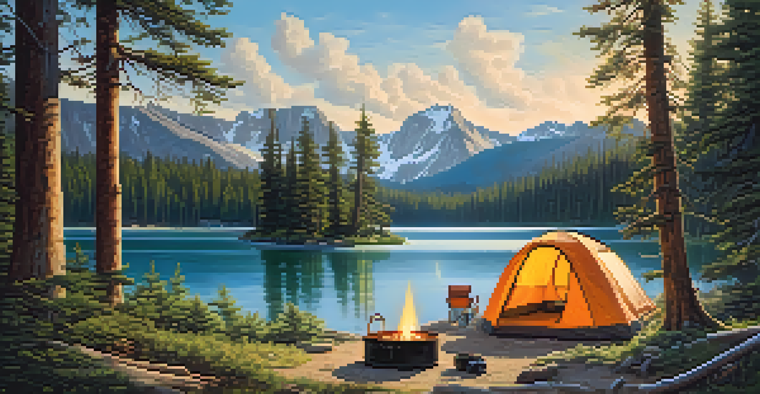 A picturesque camping site next to a lake in a national park, with a tent and bear-proof storage container amidst tall trees.