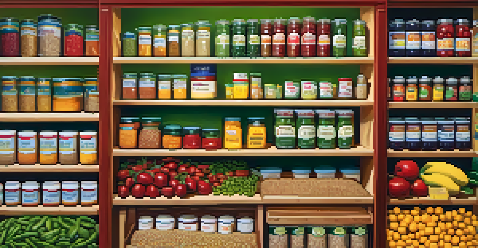 A vibrant pantry filled with whole grains, canned beans, frozen vegetables, and fresh fruits, showcasing a variety of nutritious ingredients.