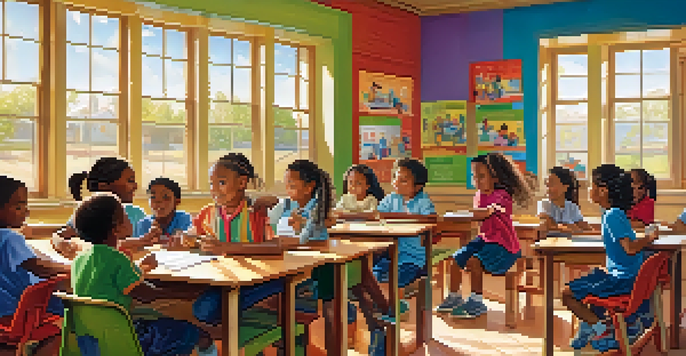 A lively classroom with diverse children learning about health, surrounded by colorful educational materials and sunlight.