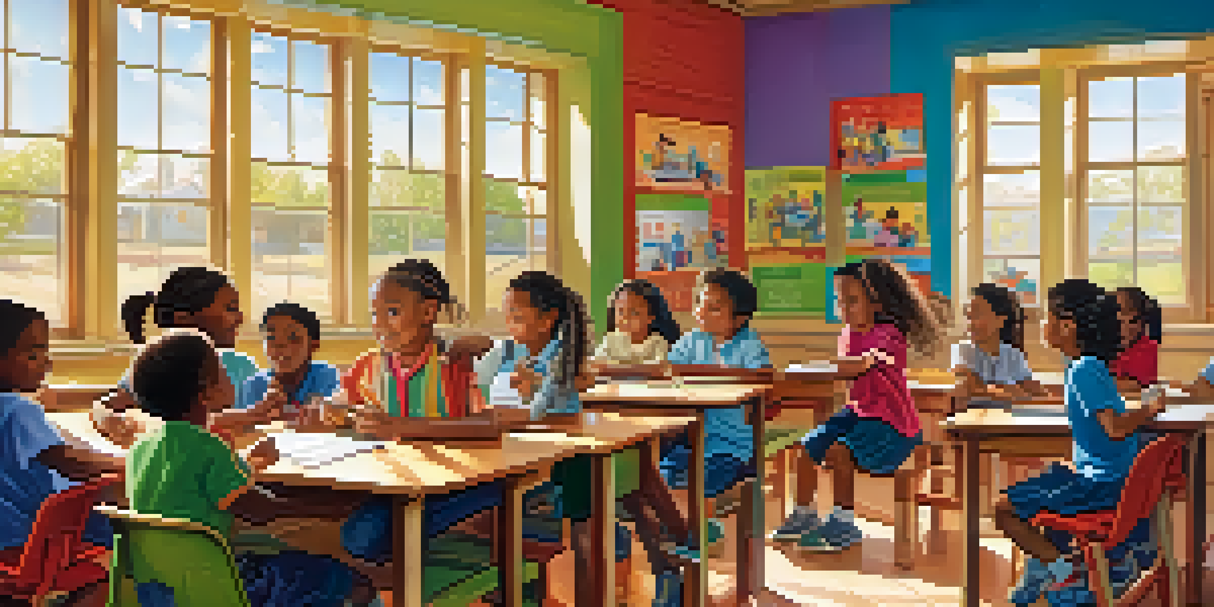 A lively classroom with diverse children learning about health, surrounded by colorful educational materials and sunlight.
