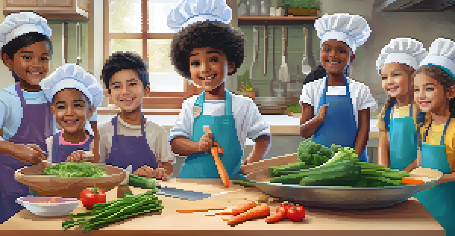 Children participating in a cooking class, watching a chef demonstrate vegetable chopping in a colorful kitchen.