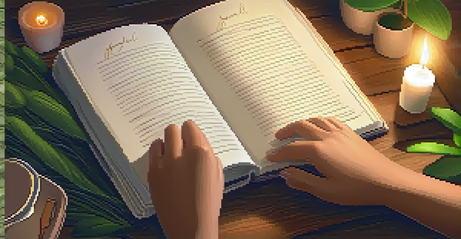 Hands writing in a gratitude journal on a wooden desk with plants and a candle.