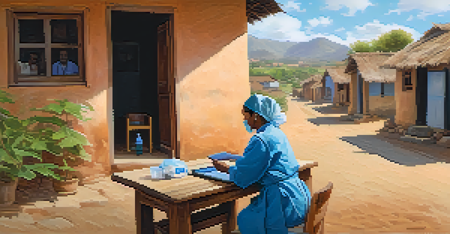 A healthcare worker in a colorful uniform using a tablet to consult with a patient in a remote village, with humble houses and a clear blue sky in the background.