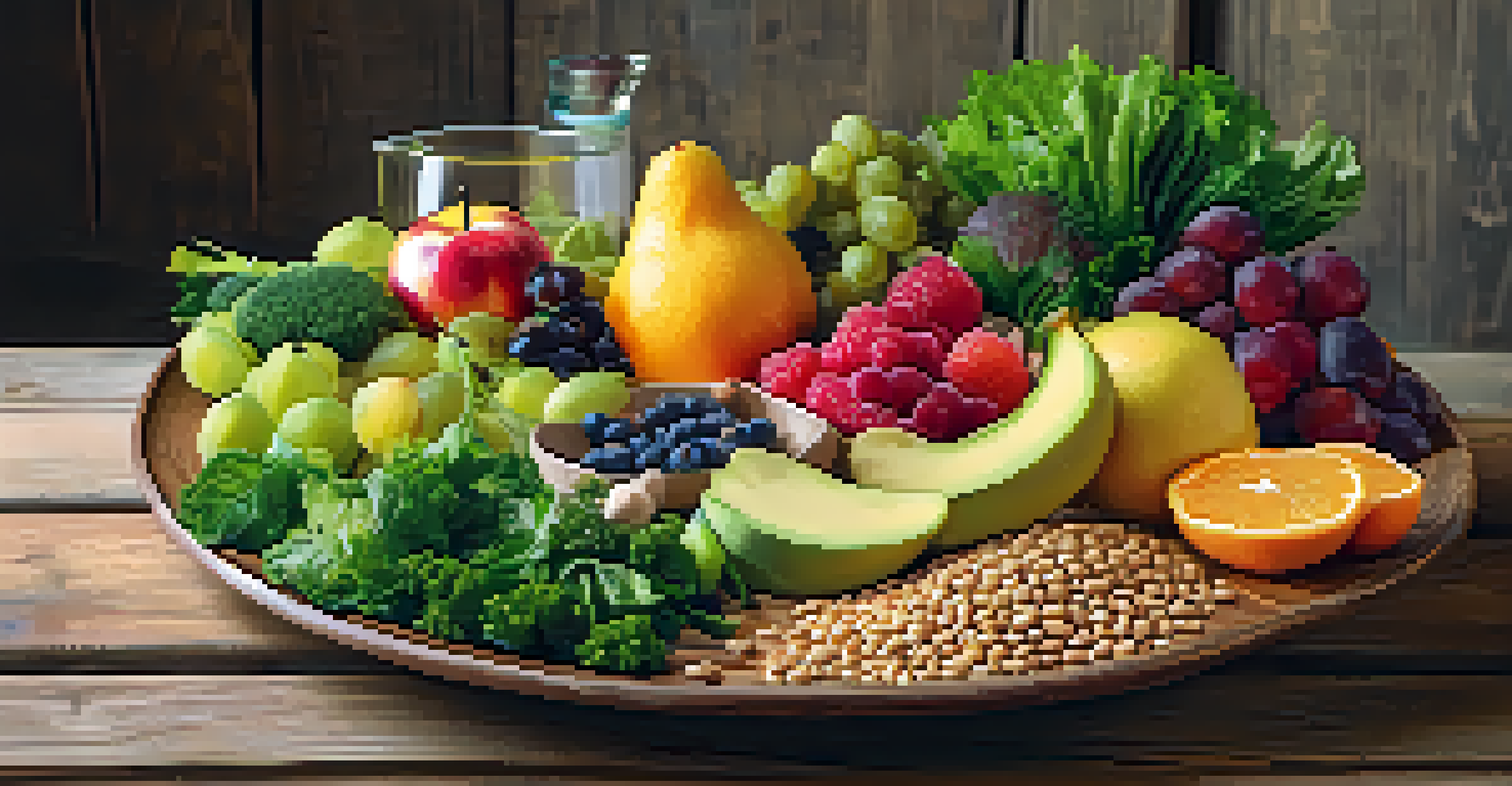 A colorful plate of healthy foods including fruits, vegetables, grains, and proteins, showcasing a nutritious meal.