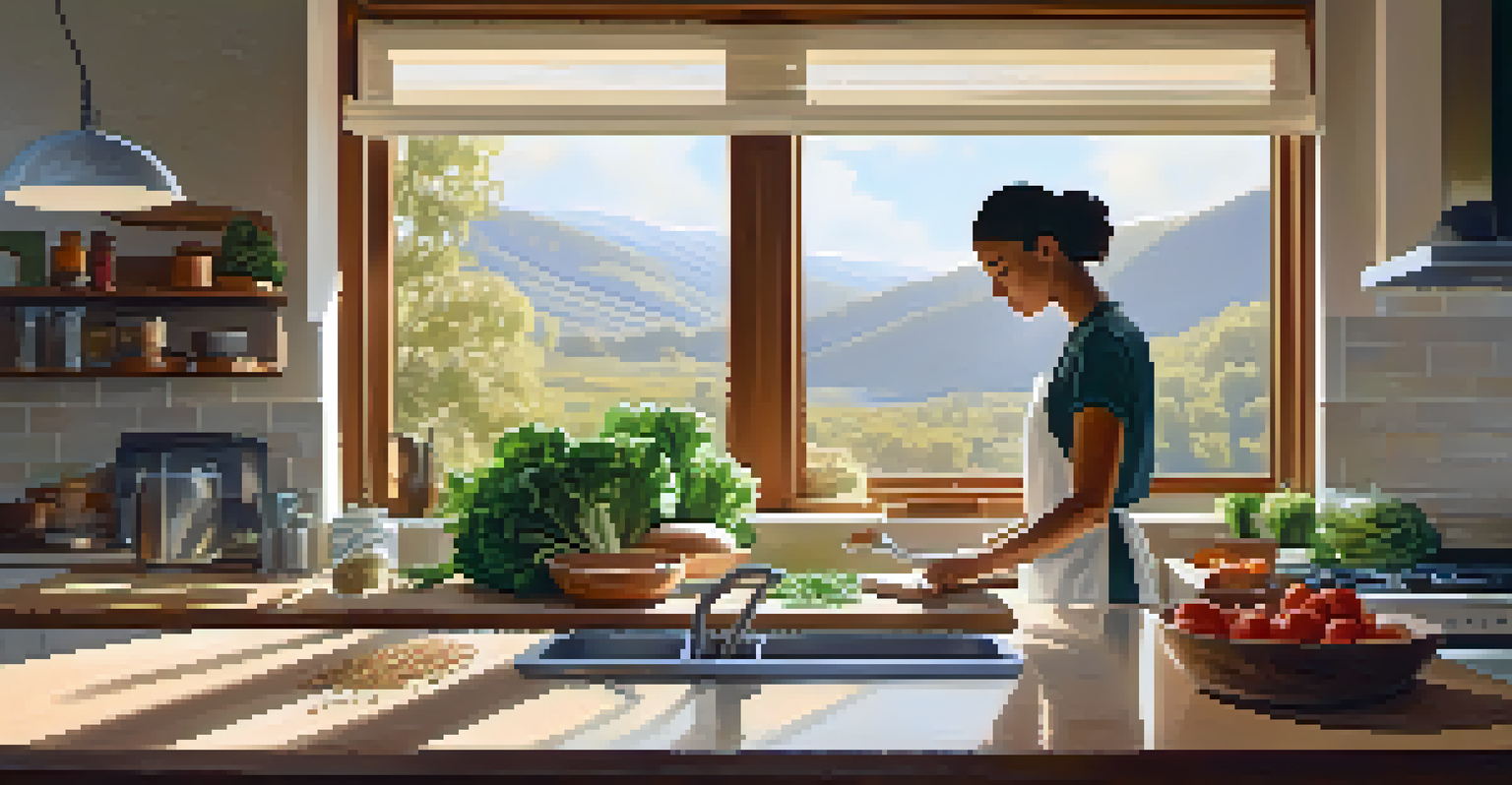 A person in a kitchen preparing a healthy meal with whole foods and fresh vegetables on the countertop, illuminated by sunlight.