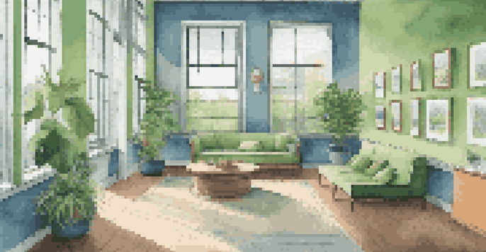 A bright room with large windows, green and blue walls, comfortable seating, and potted plants, designed for cognitive-friendly environments.