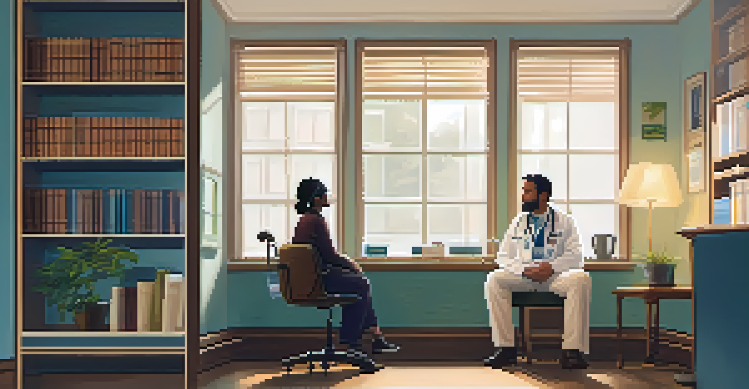 A patient discussing mental health with a caring physician in a cozy doctor's office.