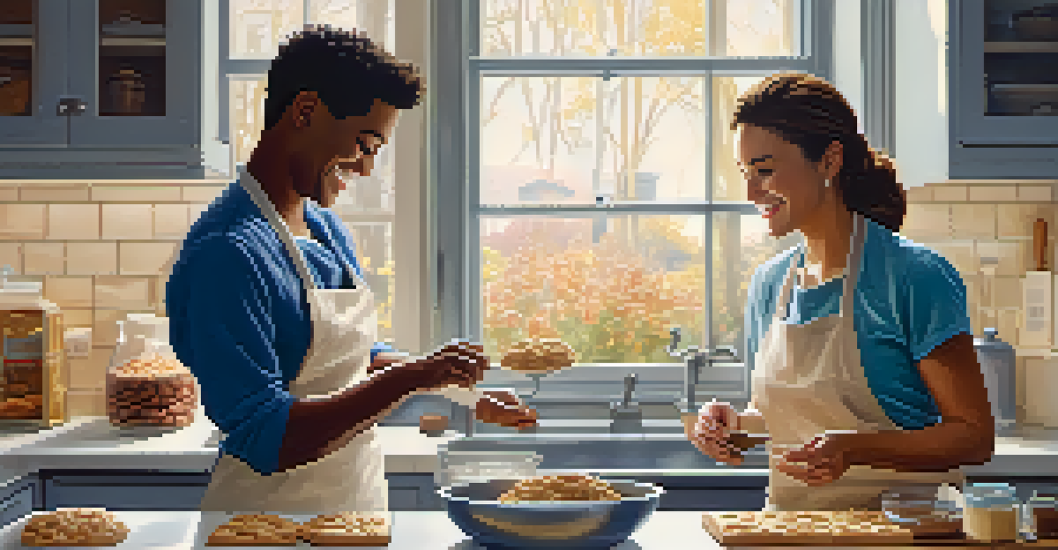 A couple happily baking cookies in a cozy kitchen, surrounded by ingredients and warm light.