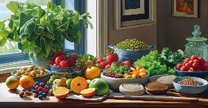 A colorful assortment of plant-based foods including fruits, vegetables, grains, and legumes displayed on a wooden table with natural light.