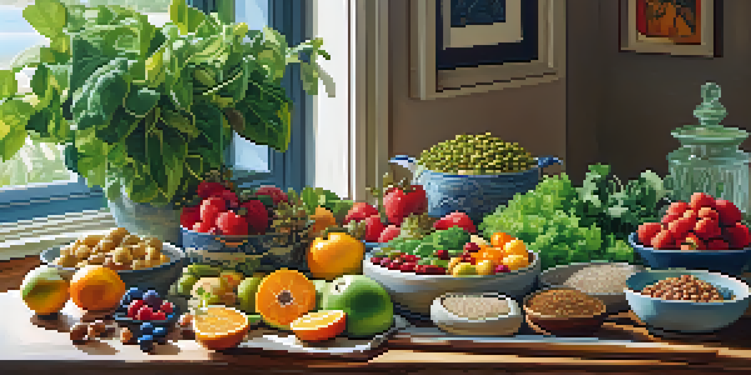 A colorful assortment of plant-based foods including fruits, vegetables, grains, and legumes displayed on a wooden table with natural light.