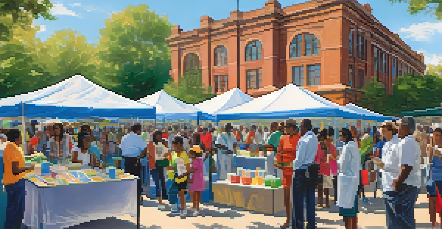 A community health fair with booths, where people are interacting with health professionals and receiving information.