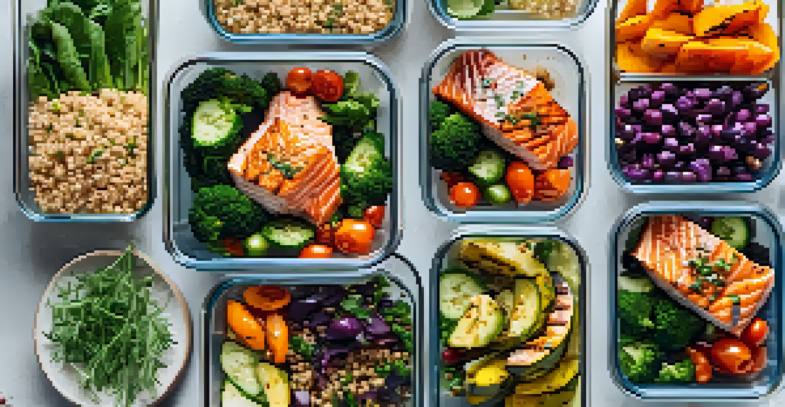 An overhead view of a healthy meal prep setup with salmon, quinoa, and roasted vegetables in containers.