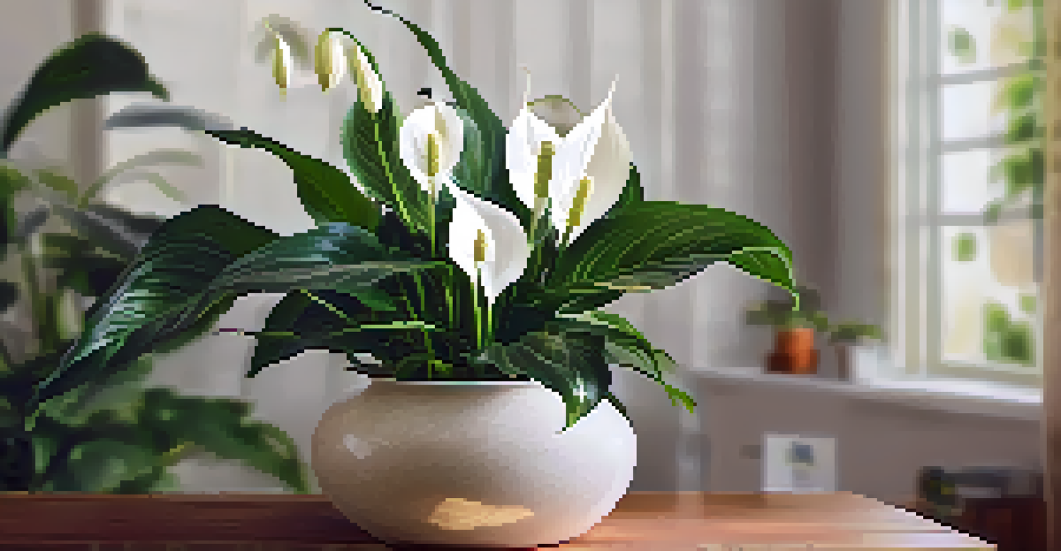A close-up of a peace lily with green leaves and white blooms on a wooden table.