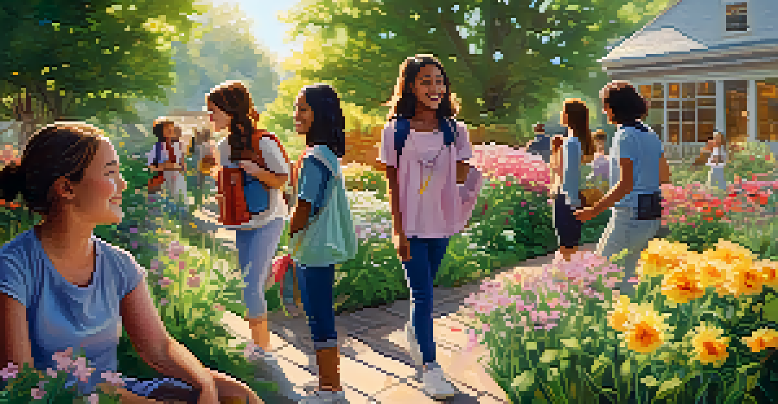 Students walking mindfully through a blooming garden, enjoying the beauty of nature and each other's company.