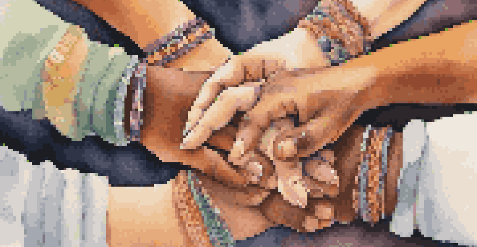 Close-up of two hands clasped together, adorned with friendship bracelets, symbolizing support and unity.
