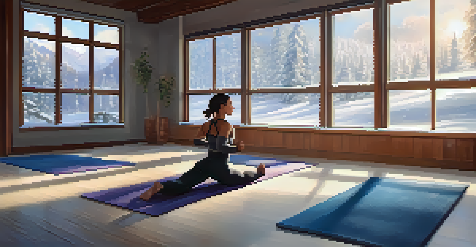 An athlete warming up indoors in winter, with snow-covered windows and a cozy atmosphere.