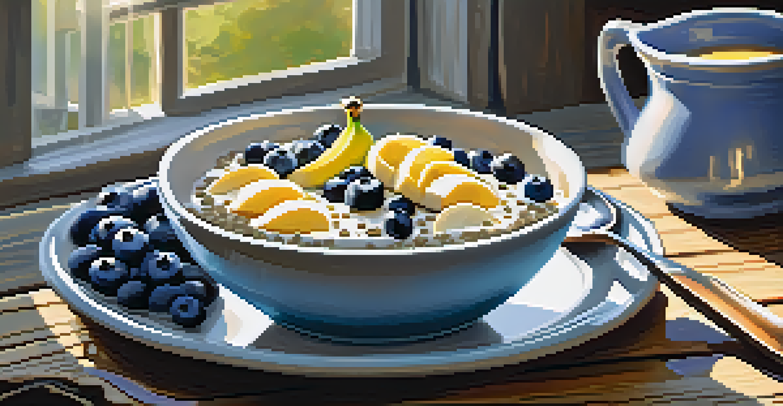 A bowl of overnight oats topped with bananas, blueberries, and honey on a rustic table with sunlight.