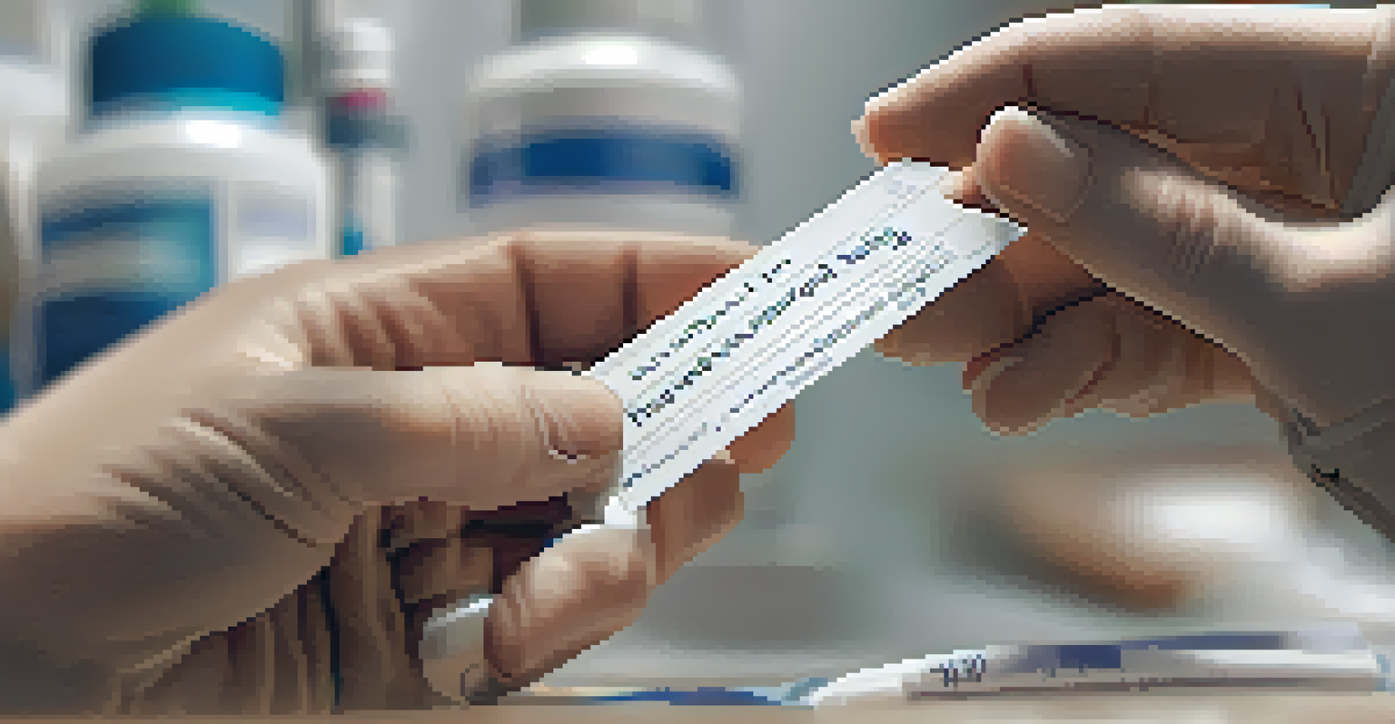 A healthcare provider demonstrating how to read a prescription label to a patient, focusing on the label's dosage instructions.