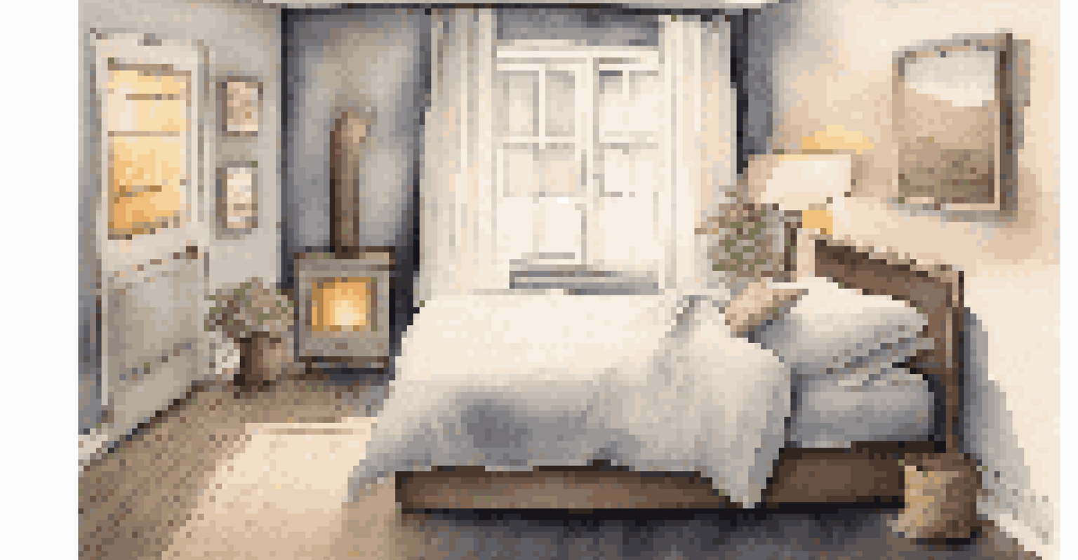 A calming sleep environment with a cozy bed, dim lighting, an essential oil diffuser, and an inspirational quote on the wall.