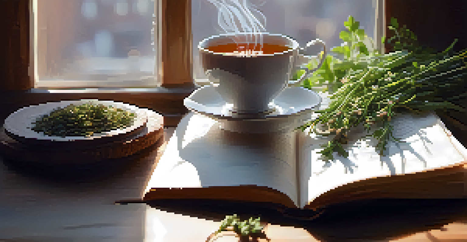 Close-up of hands holding a cup of herbal tea on a wooden table with a gratitude journal and fresh herbs.