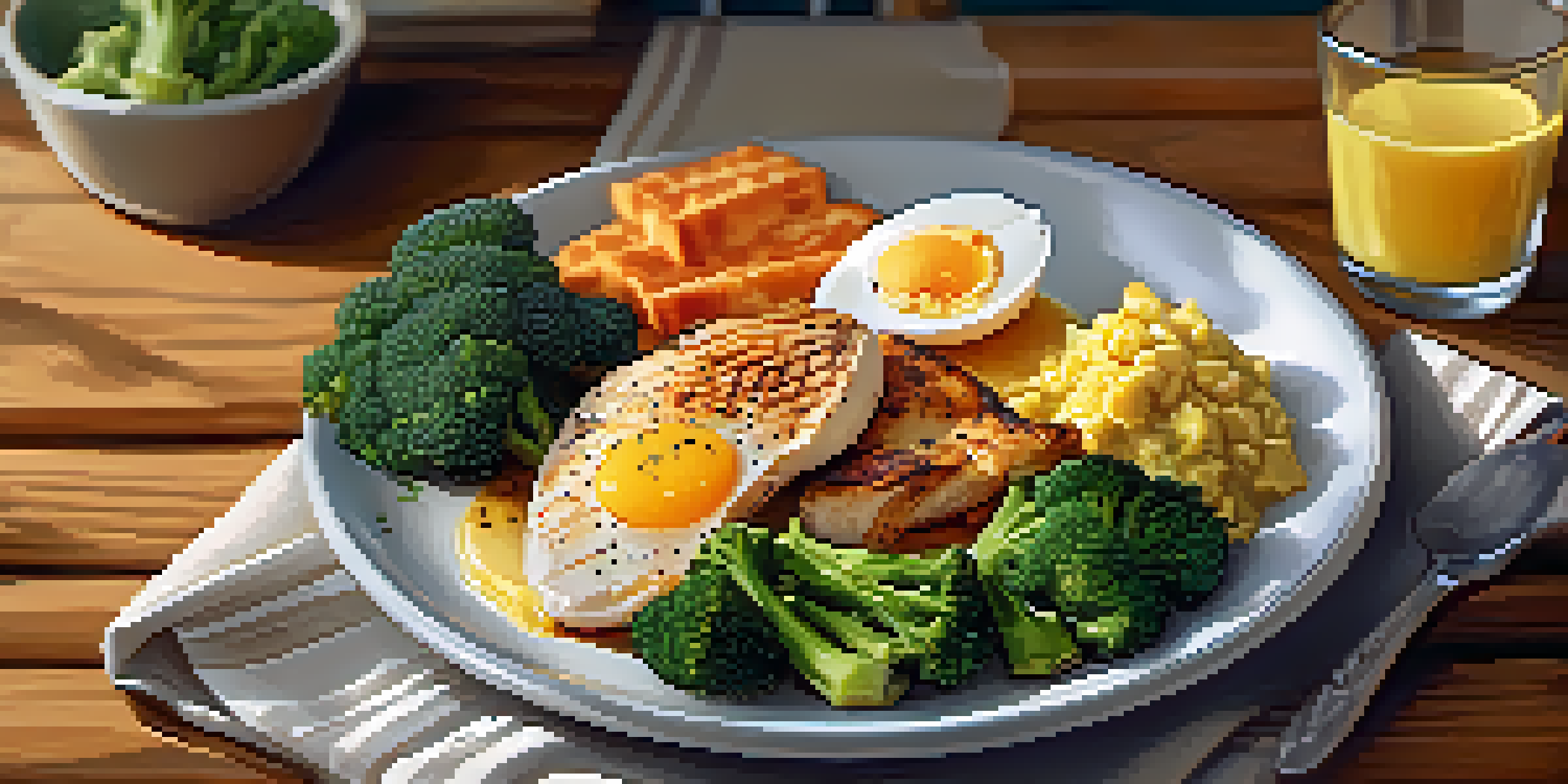 A close-up view of a plate with eggs, broccoli, and grilled chicken, showcasing their textures and colors under warm lighting.