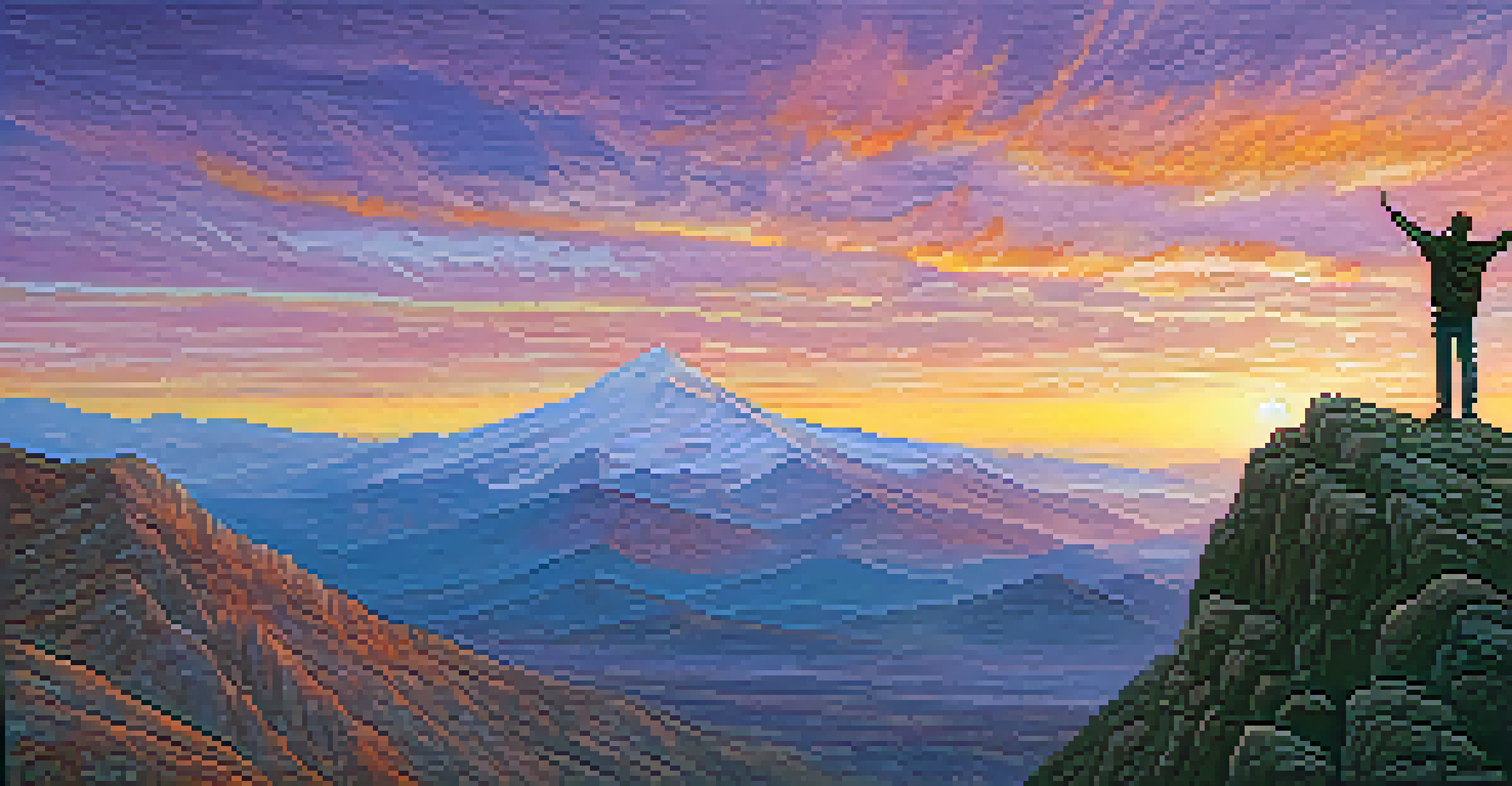 A person celebrating on a mountain peak at sunset, with arms raised against a colorful sky, symbolizing personal growth.