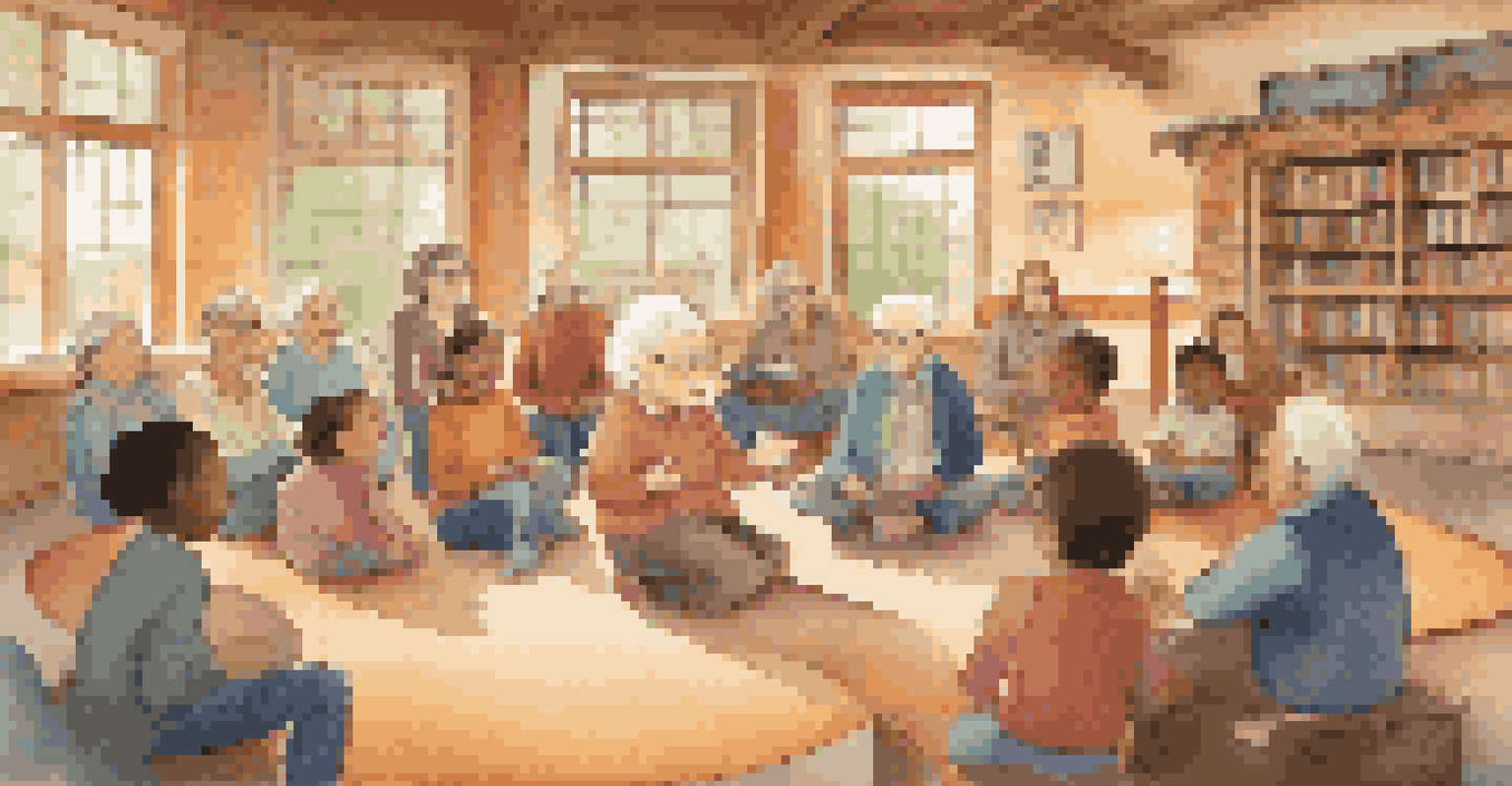 Seniors and children gathered in a circle for a storytelling session in a cozy community center.