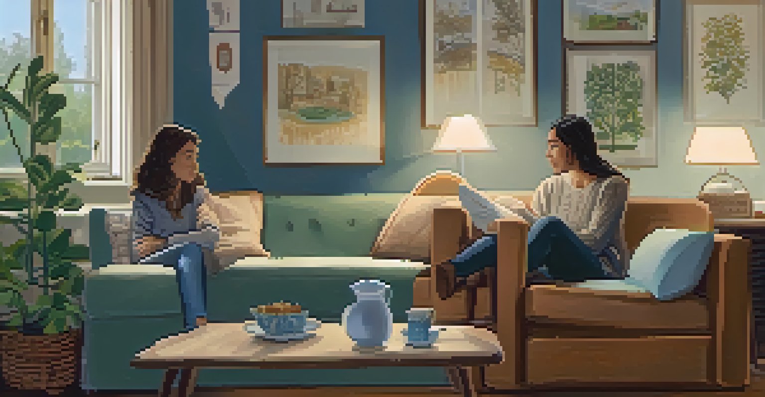 A teenager and a family member sitting in a cozy living room, engaged in a supportive conversation, with warm lighting and family photos in the background.