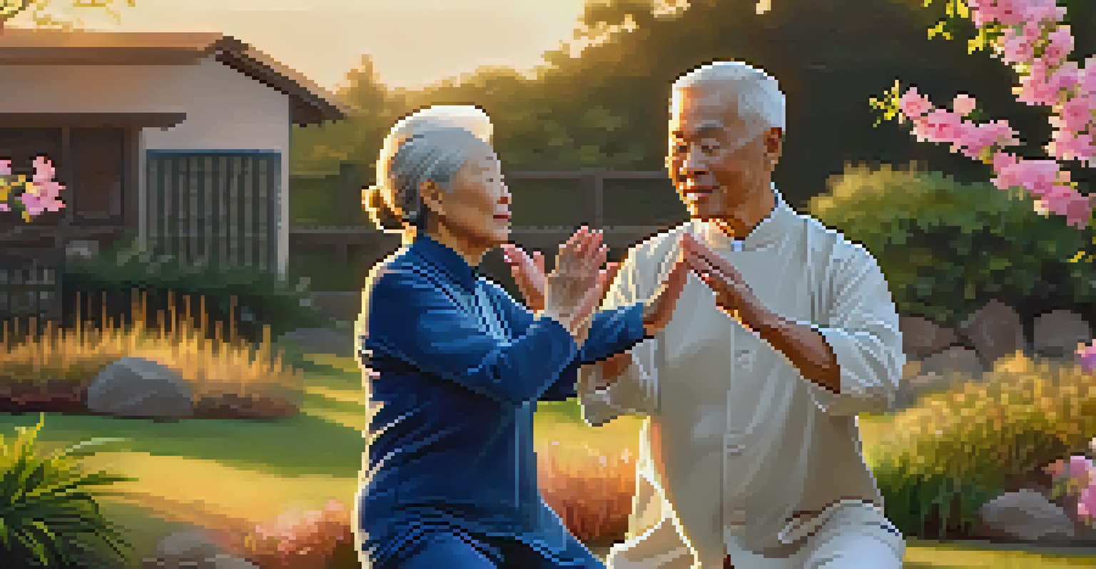 An elderly couple practicing Tai Chi in their backyard at sunset, surrounded by blooming flowers and greenery.