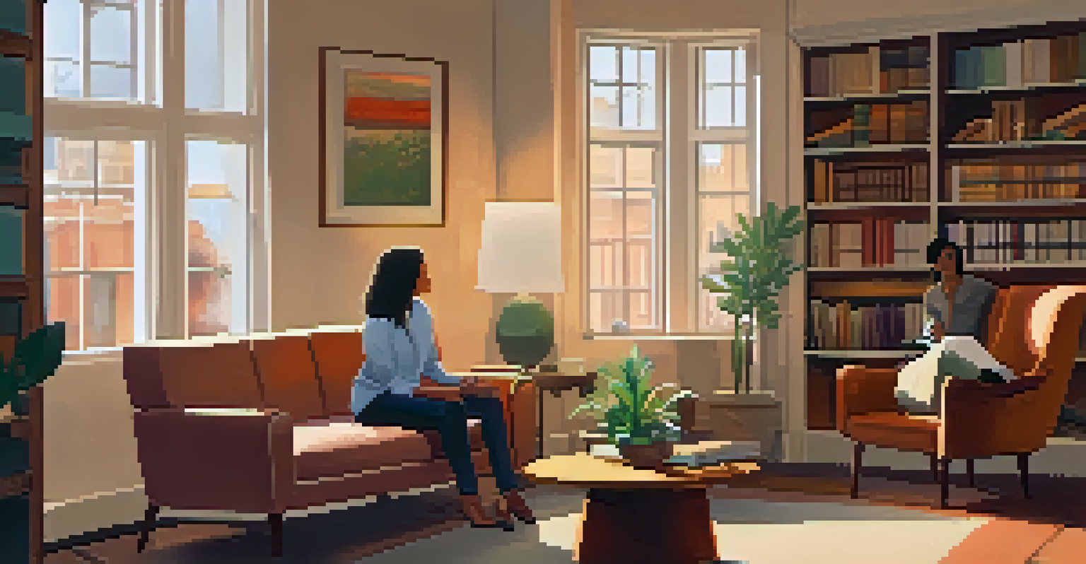 A therapist and client talking in a cozy office with warm colors and comfortable seating.