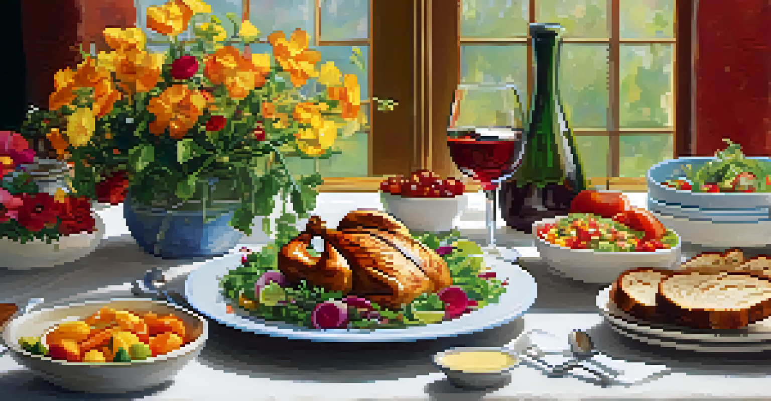 A beautifully arranged dining table with a vibrant salad, grilled chicken, and whole grain bread, surrounded by fresh flowers and warm lighting.