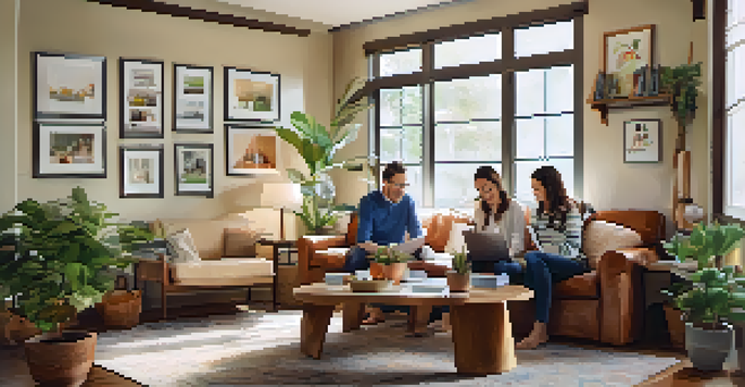 A family working together on a budget planning session in a warm and inviting living room, with natural light and colorful decor.