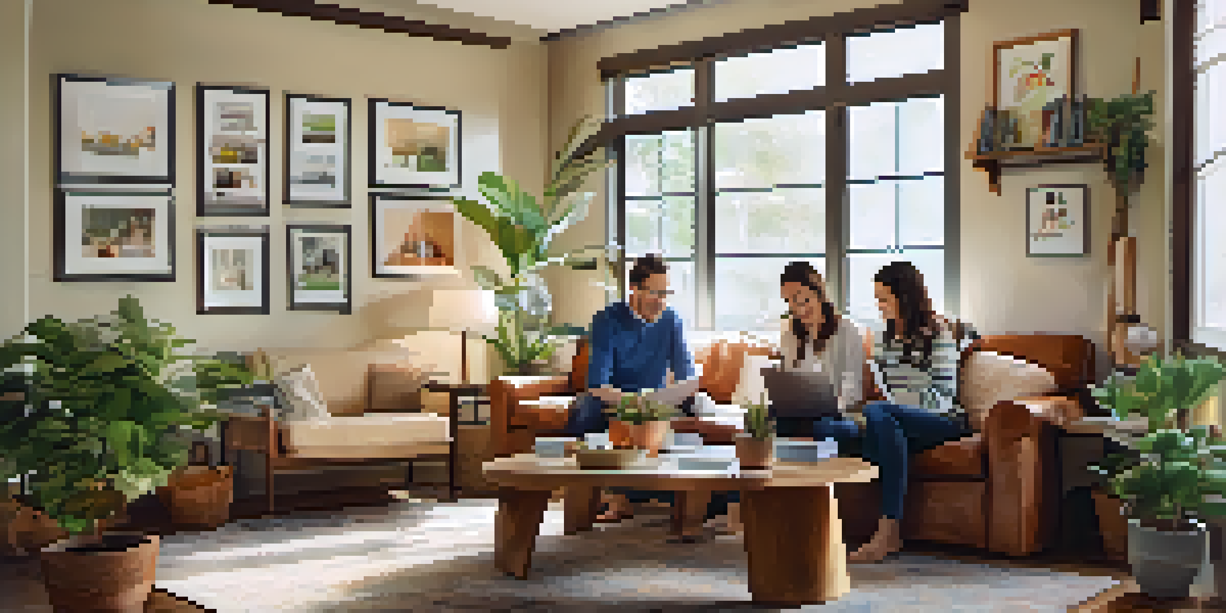 A family working together on a budget planning session in a warm and inviting living room, with natural light and colorful decor.