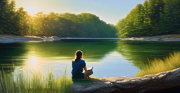 A peaceful landscape with a calm lake and greenery, showing a person journaling on a rock, reflecting self-awareness.