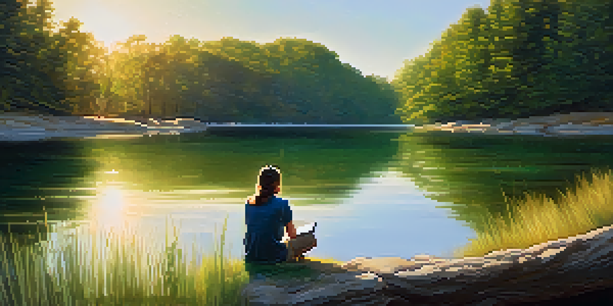 A peaceful landscape with a calm lake and greenery, showing a person journaling on a rock, reflecting self-awareness.