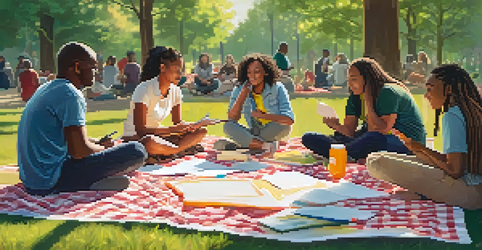 A diverse group of people participating in a Mental Health First Aid workshop in a sunlit park, sitting in a circle with a facilitator.
